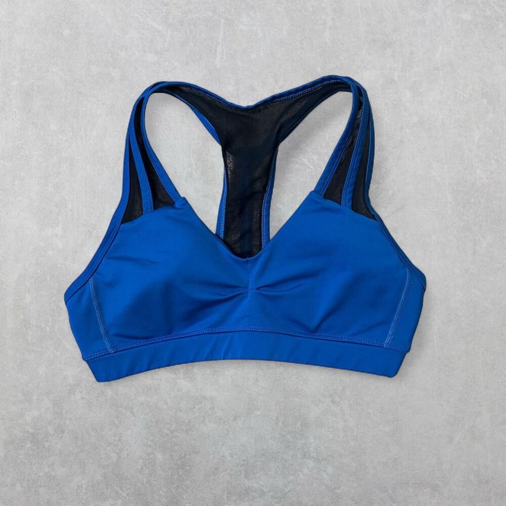 ASICS Women's Small Padded Blue Sports Bra with Black Mesh